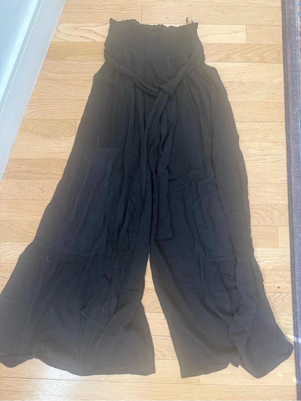 Women's Black Wide-Leg Strapless Jumpsuit with Self-Tie Waist